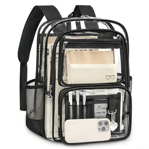 Clear Backpack for School Large Heavy Duty Clear Bookbag with Luggage Strap & Stitches for Girls Boys Reinforced See Through PVC Transparent Backpack for Stadium Events College Travel Work Black