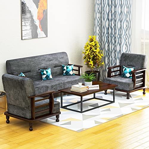 KENDALWOOD Furniture Solid Sheesham Wood Sofa Set | Wooden Sofa Set | Pre Assembled (Ready to Use) | Fabric 3 + 1 + 1 Sofa Set (Finish Color :-Walnut 