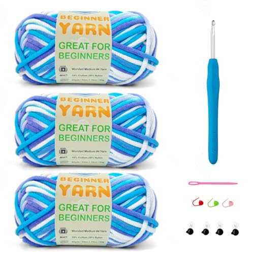 Image of 3 * 50g /1.76oz Yarn for Crocheting and Knitting, 3 * 60yds Beginner Yarn with Easy-to-See Stitches; Worsted-Weight Medium #4;Amigurumi-Friendly Crochet Kit(Blue Sky)