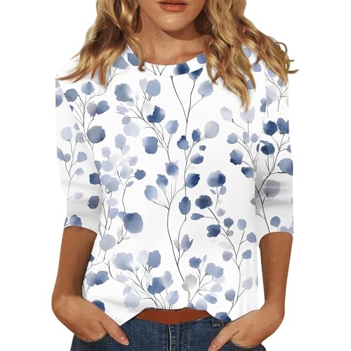Angebot des Tages Blitzangebot,Pullover Baumwolle Langärmliges Shirt Damen Damen Bluse Mit Blumenmuster,Lässige 3/4 Ärmel Weiches Material Für Frühling Und Sommer （Blau，XL）