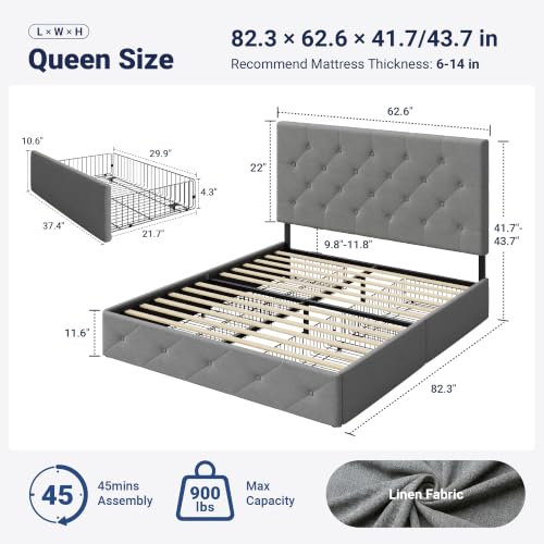 Allewie Queen Size Storage Bed Frame with 4 Underbed Drawers, Upholstered Platform Bed with Adjustable Headboard, Diamond Button Tufted, Easy Assembly, Noise-Free, No Box Spring Needed, Light Grey - Image 2