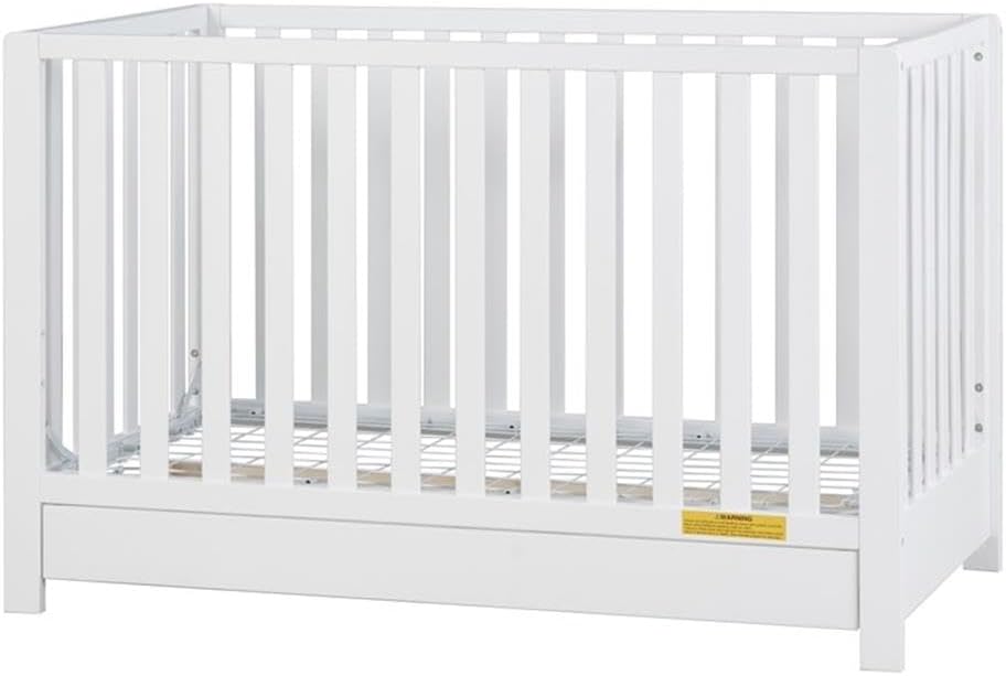 Pemberly Row Contemporary 4-in-1 Convertible Crib with Drawer, Sustainable Pine Wood, White Finish, Adjustable Mattress Height, Modern Nursery Furniture, Converts to Toddler Bed, Daybed, Full-Size Bed