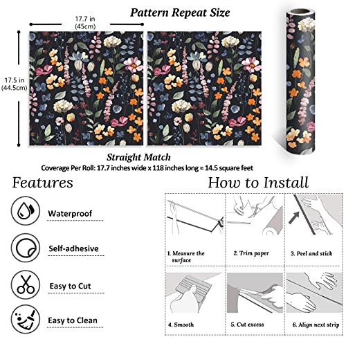 Veelike 17.7''X118'' Dark Pressed Flowers Floral Wallpaper Vintage Floral Peel And Stick Wallpaper For Bathroom Removable Wallpaper Decorative Contact Paper Mural For Bedroom Walls Cabinets Shelves #TOP1