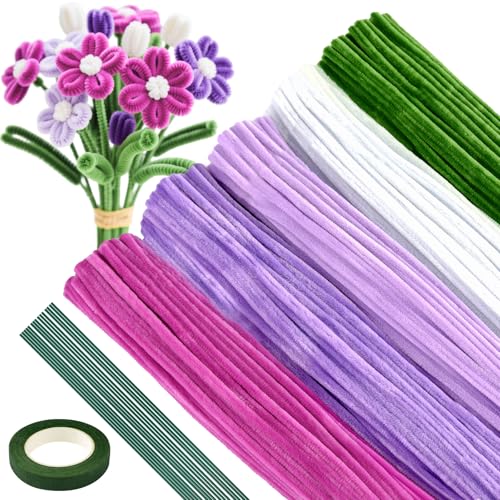 Image of ASTARON 521 Pcs 5 Colors Art Chenille Stems Pipe Cleaners Flower Making Kit | Purple Series Craft Pipe Cleaners,20 Floral Wires,Green Gardening Tape, Flowers Making Kit,Polyester Fluffy Pipe Cleaners Set