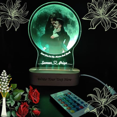 Image of Personalized UV Printed Photo 3D Illusion LED Table Lamp for Couple Gift for Anniversary, Wedding, Marriage, Valentine Day- Your Wooden Base Text Egraved, Multicolor Light- 22CM