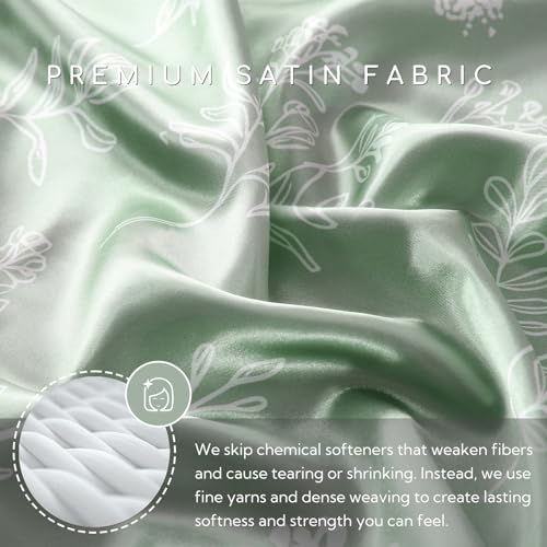 Image of MR&HM Satin Bed Sheets with Elastic Corner Straps, Full Size Sheets Set, 4 Pcs Silky Bedding Set with 15 Inches Deep Pocket for Mattress (Full, Floral Sage)