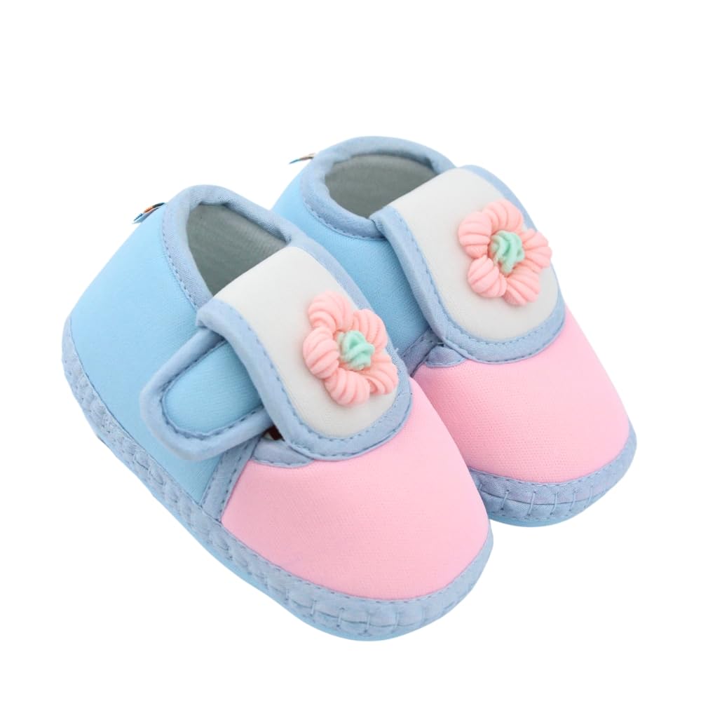 neska moda 6 To 12 Months Baby Boys & Baby Girls Cotton Floral Pink,Blue Hook & Loop Booties-BT5360-picture-0