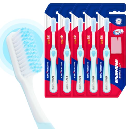 Image of Enshine Advance Clean+ Soft Toothbrush for Adults - Pack of 5 | Ultra Soft Tapered PBT Bristles | Tooth Brush Set with Non-Slip Grip | Manual Toothbrushes for Sensitive Gums & Enamel | Color Blue