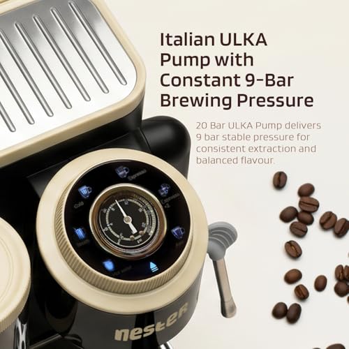 Image of NESTER Home Barista Coffee Machine - 20 Bar Italian Ulka Pressure Pump, Built-in Grinder, BrewCore Technology, PID Temperature Control, Espresso, Americano, Steam & Pod Compatible - Smoked Caramel