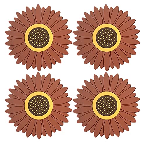 Image of Silicone Trivet Mat - Sunflower Hot Pot Holder Pads - Coasters for Kitchen - Placemat for Hot Dishes - Hot Pads for Table (Set of 4, Meduim, Brown)