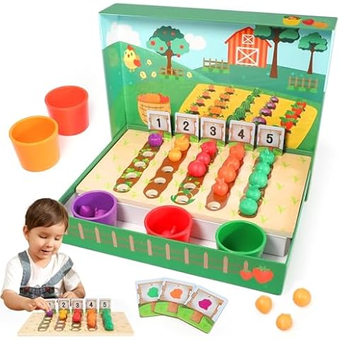 Lauon Montessori Fruits and Vegetables Farm Game Toy, Preschool Educational Learning Toy for Toddlers Aged 3+, Fine Motor Skills Gift for Boys & Girls, Sensory Farm Sorting Set Cover