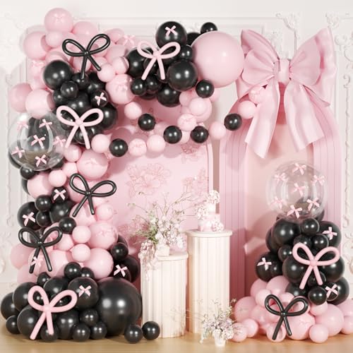 Image of Pink and Black Balloons Arch Kit, 199Pcs Pink and Black Bow Birthday Decorations with 260 Bubble Balloons Ribbon for Coquette Bow Theme Birthday Bridal Shower Bachelorette Baby Shower Wedding
