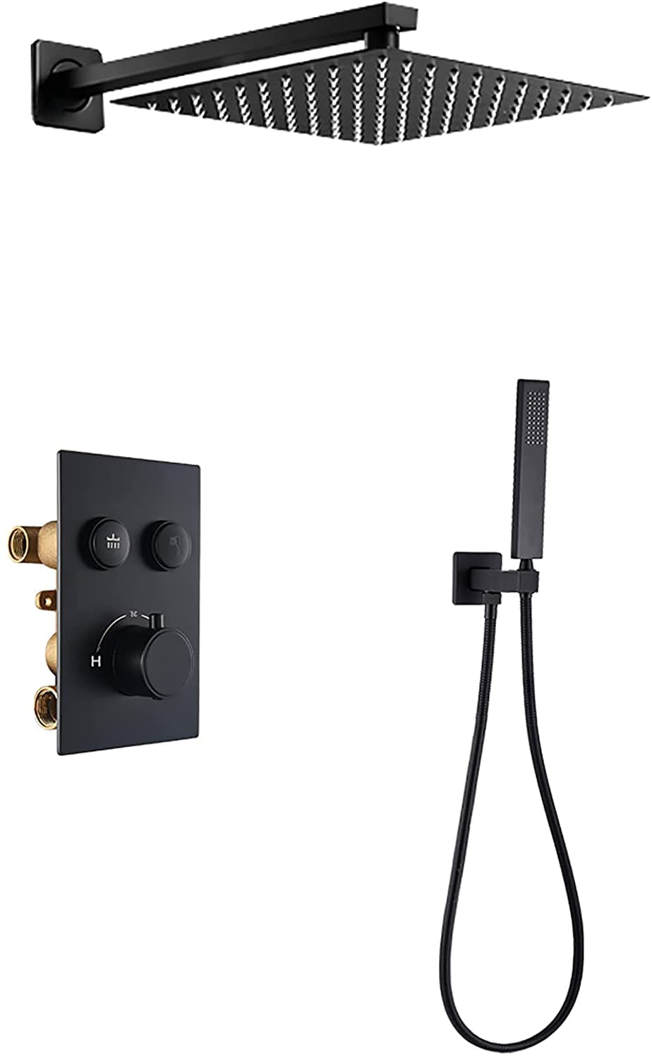 WXPGFEQ Shower System Thermostatic Black Shower Faucet Set Wall Mounted Rainfall Shower Head System with Handheld Shower Set Rain Mixer Shower Combo Set,12 inches (12 inches)