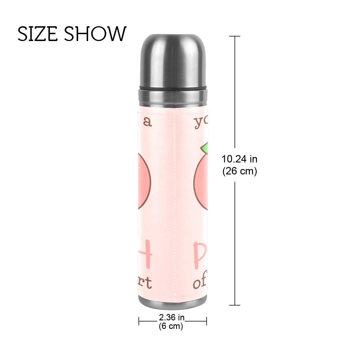 Taza de viaje aislada al vacío de acero inoxidable con doble pared a prueba de fugas, botellas de taza con diseño de melocotón con estampado personalizado impreso en piel auténtica, 500 ml
