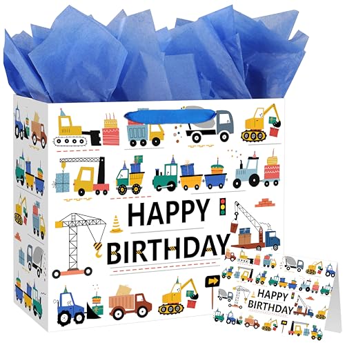 Yusenguan 13 Construction Birthday Gift Bag for Baby Boys Kids with Tissue Paper and Greeting Card (Trucks Excavators Cranes Vehicle-Themed)