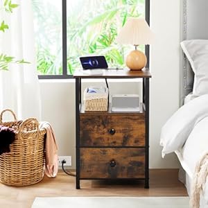 AMHANCIBLE Night Stand Set 2, Nightstand with Charging Station, End Tables Living Room with USB Ports and Outlets, Bedside Tables with Fabric Drawers for Bedroom, Rustic Brown HET05XBR AMHANCIBLE Night Stand Set 2 Nightstand with Charging Station End Tables Living Room with USB Ports and Outlets Bedside Tables with Fabric Drawers for Bedroom Rustic Brown HET05XBR
