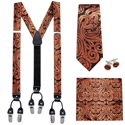 Image of Barry.Wang Men Suspender Set with Necktie Elastic Y Type Heavy Duty 6 Clips Braces Tie Handkerchief Cufflink Pin 6PCS