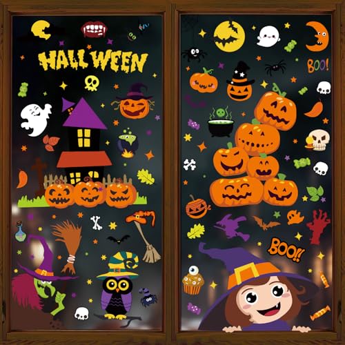 SULOLI Adesivi per Finestre Halloween,8 Fogli Vetrofanie per Finestre Riutilizzabile,Stickers Multicolore,Decorazione Casa Zucca,Scheletro,Pipistrello,Fantasma