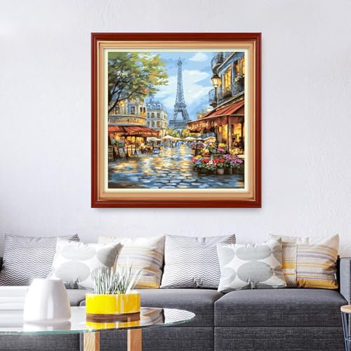 Image of Foxhool Stamped Cross Stitch Kits,11CT Printed Cross Stitch Pattern Full Embroidery Kits for Beginner Needlepoint Kits&Eiffel Tower Street Market 18x18 inch