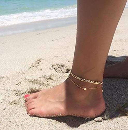 Preisvergleich Produktbild Jovono Mehrschichtige Fußkettchen Fashion Star Fußkettchen Armbänder Strandfußschmuck für Damen und Mädchen (Gold)