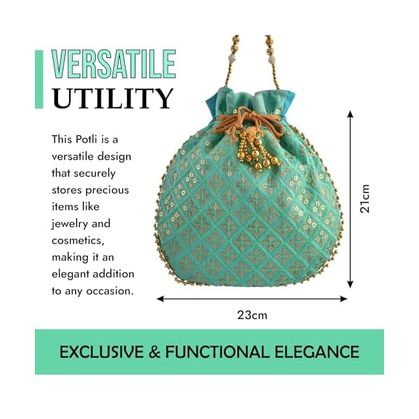 Kuber Industries Potli|Silk Wedding Potli|Drawstring Closure Potli|Wallet Potli|Christmas Gift Potli|Baby Shower Potli|Traditional Shagun Potli|Single Side Sequins-Potli|Pack of 3|Firozi - Image 5
