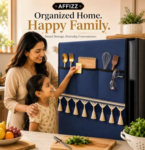 Image of Premium Single & Double Door Refrigerator Cover with Tassel Lace & 6 Side Pockets, Waterproof Dustproof Washable Polyester Fridge Cover, Fridge Top Protector for Kitchen, 130 x 54 cm, (Blue)