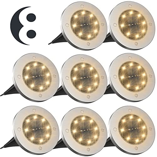 Tysonir Solar Ground Lights，Disk Lights Solar Powered 8 LED ，Outdoor in-ground Solar Lights for Landscape Walkway Lawn Steps Decks, LED lamp, Waterproof(Warm White)