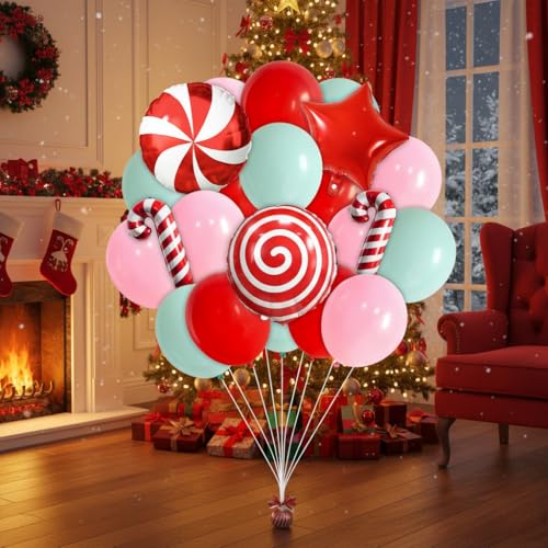 Image of Christmas Balloons Set, 35pcs Xmas Baby Pink Red Light Green and Candy Cane Star Foil Balloons for Merry Christmas Candy Theme Candyland Party Baby Shower Gender Reveal New Year Decorations Supplies