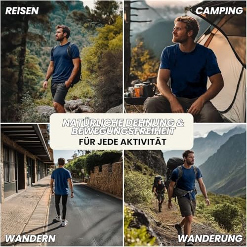 menique 100% Merino Wolle T-Shirt Herren Funktionsshirt Laufshirt Wandern Reisen Unterhemd Thermo Basisschicht Atmungsaktiv Kurzarm Sportshirt, Denim Blau, L