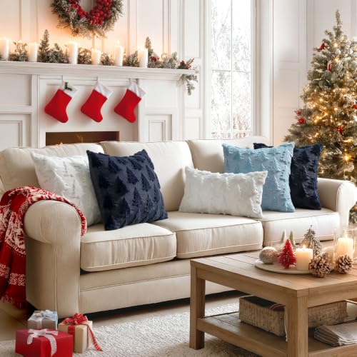 Image of MIULEE Christmas Throw Pillow Covers Navy Blue Christmas Decorations Set of 2 Xmas Tree 18x18 Pillow Covers Soft Plush Faux Wool Pillowcases Holiday Festivals Winter Home Decor Sofa Couch Bed Porch