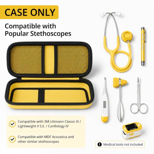 Image of ALKOO Stethoscope Case for 3M Littmann Classic III /Cardiology IV, Yellow | for MDF Acoustica Stethoscopes, for Nurses, Doctors, Nursing School Essentials, Students, Clinic, EMS, Travel, Hard Bag Only