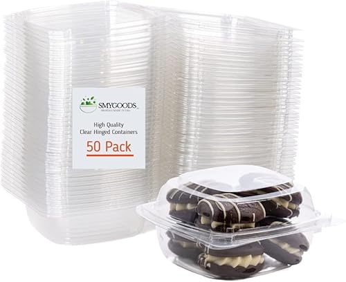 Smygoods Recipientes de postre, recipientes desechables de plástico para alimentos, contenedor de bisagra de pared liso, 6 x 6 x 3 paquete de 50