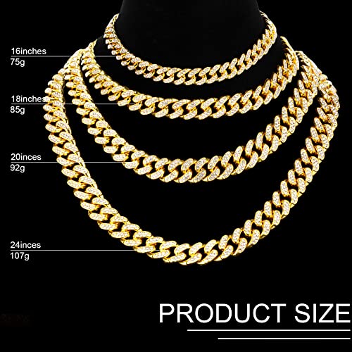 Cuban Link Chain Necklace Bracelet Rhinestone Hoop Earrings Set Bling Necklace Bracelet Crystal Big Circle Earrings For Girls (Gold, 20 Inch) #TOP1