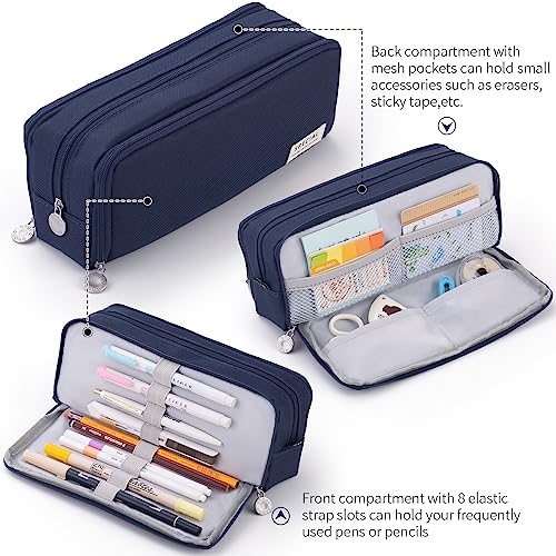 Cicimelon Large Capacity Pencil Case 3 Compartment Pouch Pen Bag For School Teen Girl Boy Men Women (Navy) #TOP2