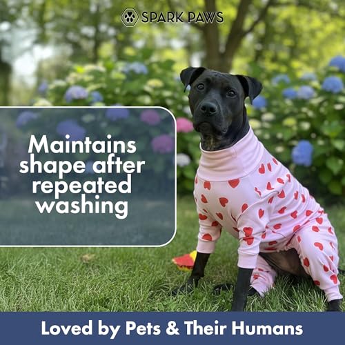 Image of Spark Paws Dog Pajama, Dog Recovery Suit Male, Onesie, Ultra-Soft and 4-Way Stretch, for Small Medium and Large Breeds - Pink Hearts - M