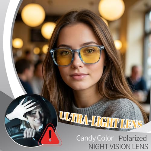 Image of Polarized Sunglasses for Women Men Night Vision Glasses Anti Glare | Yellow Anti Glare UV400 Lens, Lightweight Square Frame, for Day Night Use, Driving, Fishing, Cycling, Traveling