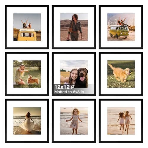 KINLINK 12x12 Frame Set of 9 Wooden 12 by 12 Square Picture Frames with Plexiglass for Picture 8x8 with Mat or 12x12 without Mat Art Collage for Wall Gallery and Tabletop Display 12 x 12 Frame Black