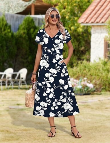 Image of Zeagoo Women Summer Floral Dress Short Sleeve Beach Dress with Pockets Casual V-Neck Split Long T-Shirt Dress Travel Vacation