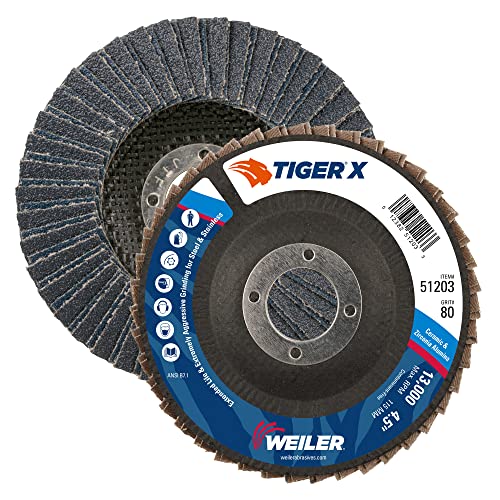 Image of Weiler 51203 Tiger X Flap Disc, Ceramic and Zirconia Alumina, Angled, Phenolic Backing, 80 Grit, 4-1 /2 inch, 7 /8 inch Arbor Hole (Pack of 10)
