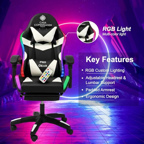 Image of Casa Copenhagen Designed in Denmark,High-Back Italian Leather Gaming Ergonomic Chair with Advanced Mechanism with LED Light & Electric Back Massager, Memory Foam Seating - White & Black