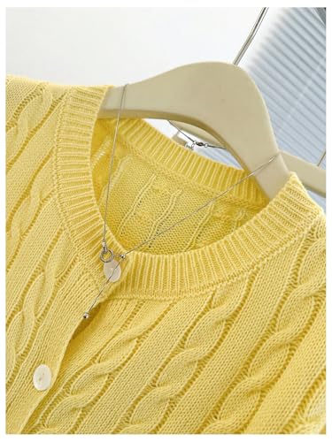 Women's Cable Knit Button Down Cardigan Short Sleeve Crewneck Sweaters Vintage Old Money Clothes3