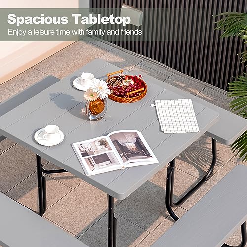 Image of Tangkula 8 Person Picnic Table, Outdoor Square Picnic Table with 4 Built-in Benches, Umbrella Hole, Metal Frame & HDPE Tabletop, Outside Table and Bench Set for Backyard, 2300lbs Weight Capacity