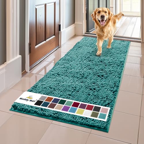 Muddy Mat® Original Dog Door Mat for Muddy Paws, Super Absorbent Microfiber, Non-Slip Washable Pet Rug, Quick Dry Chenille Entryway Carpet, Machine Washable Indoor Outdoor mat, Teal 24"x60"