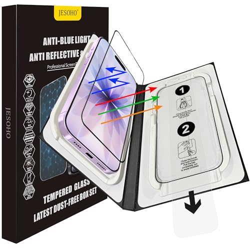 JESOHO Blue Light Screen Protector for iPhone 17/16 Pro (6.3 inch) Anti Reflective 9H Hardness Shatterproof HD Tempered Glass Easy Install Stain-resistant Touch Sensitive Scratch Resistant 2 Pack