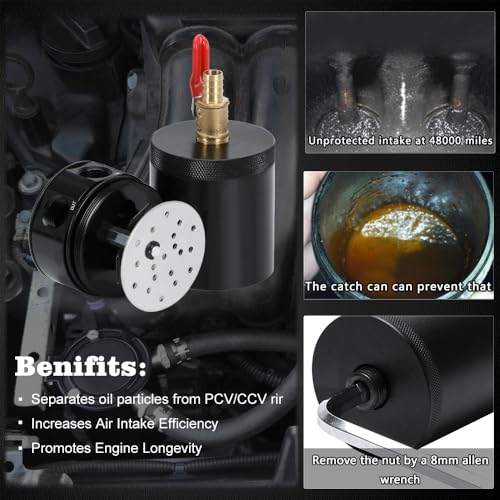 PQY Baffled Oil Catch Can Kit Universal 2 Port Aluminum Oil Separator Reservoir Tank with Drain Valve and Breather Filter