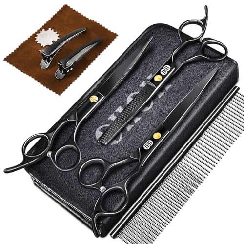 CIICII Ciseaux Toilettage Chien Professionnel, 7,8 Pouces Ciseaux Toilettage pour Animaux (Cisaille à Effiler Droite Incurvé Peigne pour Chien et Chat) Cheveux Salon & Bricolage (9 Pièces/Noir)