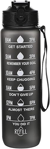 Botella de agua deportiva motivacional a prueba de fugas de 32 onzas con pajita y marcador de tiempo, tapa abatible duradera, sin BPA, no tóxica