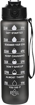 32oz Leakproof Motivational Sports Water Bottle with Straw & Time Marker, Flip Top Durable BPA Free, Non-Toxic Frosted Bottle with Carry Handle for Travel, Office, School, Gym and Workout black