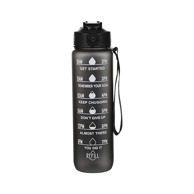32oz Leakproof Motivational Sports Water Bottle with Straw Time Marker Flip Top Durable BPA Free Non-Toxic Frosted Bottle