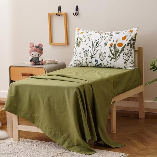 Image of CLOTHKNOW 4Pieces Green White Floral Toddler Bedding Sets for Girls's Room | Boho Comforter Sets, Green Yellow Leaves Pattern on White, Soft Crib Bed Set
